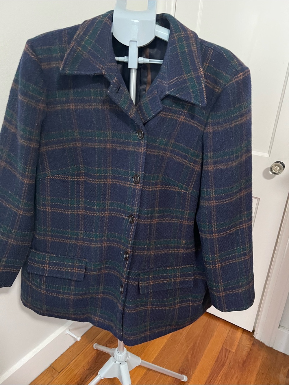Harve Bernard Classic Navy Plaid Wool Blend Women's Jacket